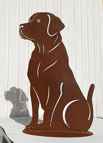 Statuetta da giardino con cane Labrador seduto su piastra, 70 x 47 cm, resistente alle intemperie, in metallo arrugginito, statuetta in pietra (cane labrador seduto, 70 x 47 cm)