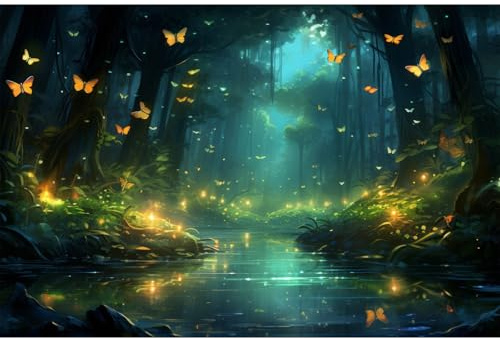 Fantasy Stream Backdrop Night Magical Forest Luminous Butterfly Stream Photography Background Rainforest Jungle Tree Natural Landscape Backdrop Decors Night Wonderland Background Props 7x5ft