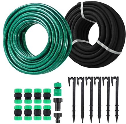 Customizable Soaker Hose System, 1/2inch 50ft Rubber Hose with 25ft PVC Garden Hose, Drip Irrigation Watering Hose with Reinforced Fittings for Flowers Bed Foundation, Lawn, Vegetable, Tree