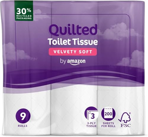 by Amazon Carta Igienica, 3 Veli Trapuntata, Morbida e Setosa, 9 unità (Confezione da 1), 200 Fogli per Rotolo, Certificata FSC