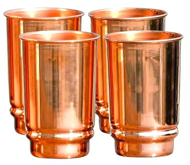 SAJTOX Pure Copper Tumblers Set of 4 | 350ml (11.8oz) | Handmade Ayurvedic Drinkware for Health & Wellness | Travel Copper Cups