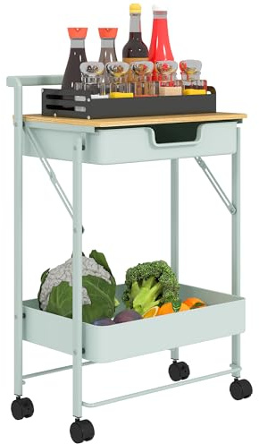 HOMCOM Carrito Auxiliar con Ruedas de 2 Niveles 1 Cesta Verde Claro | Carro de Cocina, 1 Cajón, Carrito Organizador, Dormitorio Salón Oficina