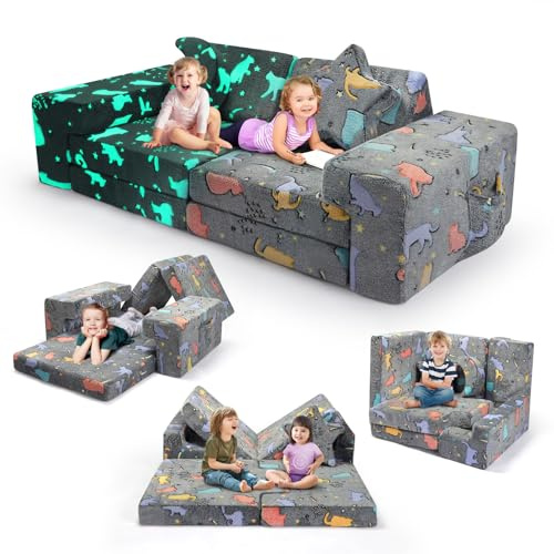 CUPCHID Sofas fürs Kinderzimmer,Spielsofa für Kinder,Kindersofa aus 9 Schaumstoff Bausteine, Flexibel Kombinierbare Kinder Couch Modulares Spielsofa zum Spielen, Kreativsein, Schlafen (Leuchtend)