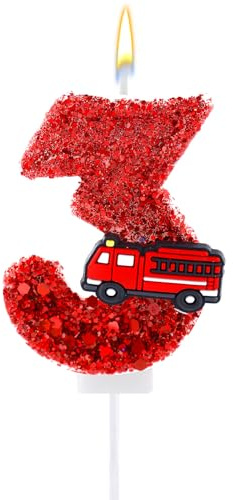 Geburtstagskerze Roten Pailletten, Feuerwehrauto Happy Birthday Kerze Zahlen-Tortenaufsatz für Jungen Mädchen Feuerwehrleute Runde Geburtstage Jubiläen Feuerwehr-Mottoparty Geschenke (3)