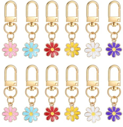 Mabor 12 Stück Mini Gänseblümchen Anhänger Blumen Schlüsselanhänger Cute Schlüsselanhänger Damen für Taschenzubehör Geldbörsen Rucksäcke Bag Charms