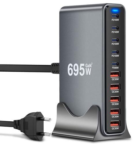 ARCELI USB C Ladegerät 695W 10-Port, GaN III Ladestation, USB c Charger mit 5xUSB-C PD + 5xUSB-A QC4.0, Schnellladegerät für Phone 16/15/14 Pro Max, Samsung Galaxy, MacBook, Pad, Laptop
