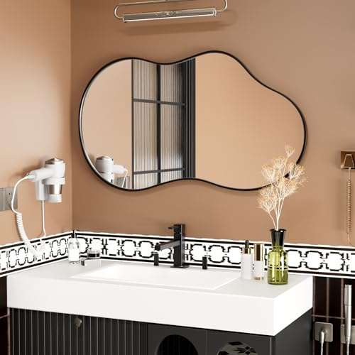 WEER Irregular Wall Mirror, 60x90cm Mantle Black Frame Cloud Shape | 3.2mm HD Asymmetrical Tempered Glass, Anti-shatter, Wavy Decorative For Living Room, Bathroom, Bedroom, Hallway Upgrade