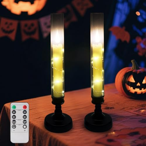 FUFRE 2 Stück Halloween LED Stabkerzen mit Fernbedienung und Timer, Halloween LED Kerzen mit Lichterketten, Flammenlose Halloween Deko Stabkerzen mit Kerzenständer für Tisch Deko (Schwarz)