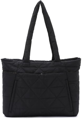 EVEOUT quiltad tygväska för kvinnor, stor puffig axelväska med flera fickor och bagagefodral för resor, arbete, högskola, shopping, Svart, L, tote
