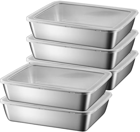 Contenedores de alimentos de acero inoxidable de 5 piezas, caja de almacenamiento de alimentos apilables con tapas de plástico transparentes, guardián de carne para refrigerador o picnic, fiesta de b