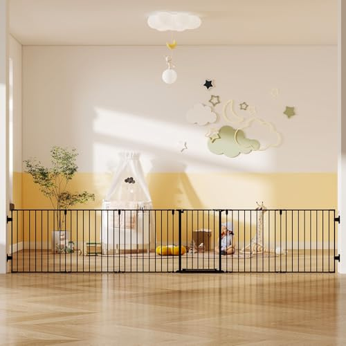 Cideny 144 Extra Wide Baby Gate with Door, Configurable 6 Panels Baby Fence, Fireplace Gate with Anti-Trip Pedal, Family Essentials Safety Gate for Child Dogs Pets, 28'' Tall Black
