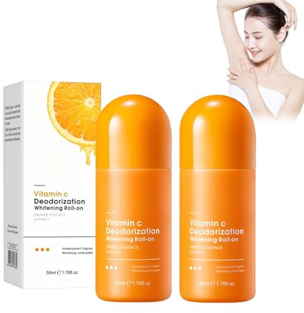 Lot de 2 déodorants roll-on à la vitamine C - 50 ml - Pour homme et femme - Prévient les odeurs corporelles et l'humidité des aisselles - Éclaircit la peau des aisselles - Doux et efficace - Fraîcheur