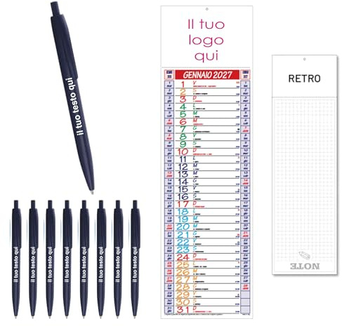 Kit Personalizzabile 100 Calendari Slim 2027 + 100 Penne – Gadget Personalizzato Aziendale Promozionale - Calendari da Tavolo con Stampa Logo e Penne a Sfera - Idea Regalo per Ufficio