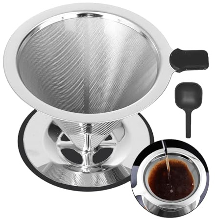 Xieesae Coffee Filter, Stainless Steel Mesh Dripper, Reusable Filter 2-in-1 Set with Spoon, Paperless Drip Cone Coffee Filter with Holder Kitchen Tools for Manual Coffee Maker