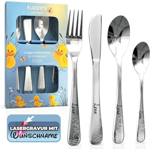 Kinderbesteck mit Namensgravur - Personalisiertes 4-teiliges Edelstahl Besteckset ab 4 Jahre - Taufgeschenk für Mädchen und Jungen - Spülmaschinenfest