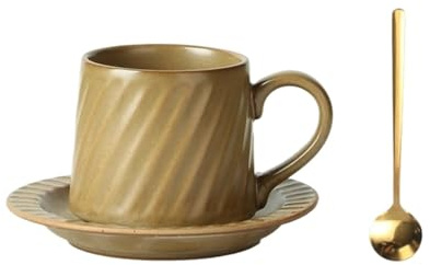 Kontorsmugg Retro keramisk kakifärgad mugg eftermiddagste mjölkkaffekopp med fat och sked 300ml
