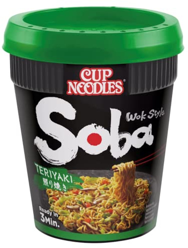 NISSIN Cup Noodles Soba Wok Style Teriyaki Flavoured Instant Noodles, 90 g Pot | Quick & Easy Instant Noodles Meal, Low in Fat, Ready in 3 Minutes, Perfect for On-the-Go, Quick Snack