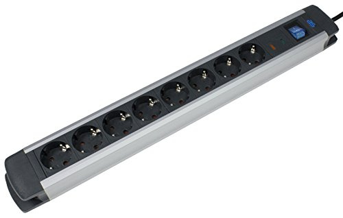 as - Schwabe 8-Fach Steckdosenleiste ALUX schwarz - Wandmontage - 18368 | Mehrfachstecker mit 1,5 m Leitung - Überspannungsschutz - stabiles Aluminiumgehäuse - beleuchteter Schalter - IP20