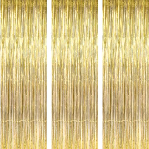 AILEXI 3 Stück Vorhänge, metallisch, glänzend, Blätter, Fransen, Vorhang für Tür, Fenster, Dekoration, für Geburtstag, Hochzeitszubehör, 92 x 245 cm – Gold