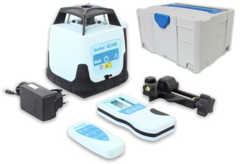hedue® Q3G Rotationslaser selbstnivellierend, grüner Laserstrahl - Nivelliergerät mit zwei Laserklassen (Baulaser selbstnivellierend im Systainer mit Laser Empfänger E2, Fernbedienung und Ladegerät)
