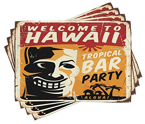 ABAKUHAUS Tiki Bar Placemats, Tropic Bar Party, Washable Fabric Dining Room Kitchen Table Decoration Digital Print, Red Apricot