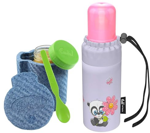 Emil Baby-Set – Thermo-Essglas mit Schraubverschluss, Thermobecher & Löffel – Babyflasche aus Glas, BPA-frei & schadstofffrei inkl. Latexsauger (0-6 Monate) & Anti-Kolik-Ventil - Little Panda