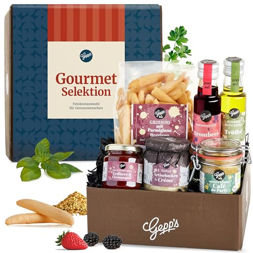 Gepp’s Feinschmecker Geschenkkorb I Geschenk mit feinsten Delikatessen | Wie Trüffelöl und Erdbeer-Champagner Aufstrich I Hergestellt nach eigener Rezeptur I Gourmet-Geschenkidee