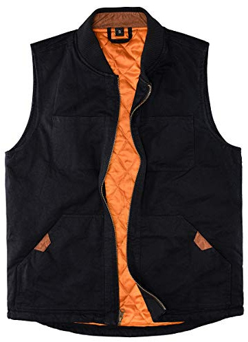 Men's Quilted Lined Vest Washed Canvas Winter Warm Outdoor Hunting Work Utility Travel Vest Jacket Black Medium