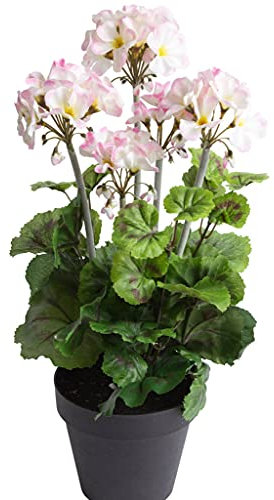 künstliche, hohe Geranie (Geranienbusch) mit 5 Blütenköpfen im schwarzen Kunststofftopf (Creme-pink)