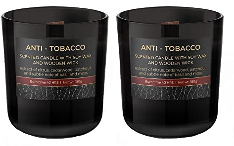 Dekohelden24 Duftkerze/Windlicht/Kerze im Glas - 2er Set/Duftrichtung Anti - Tobacco, L/B/H 8,5 x 8 x 8,5 cm, 150g
