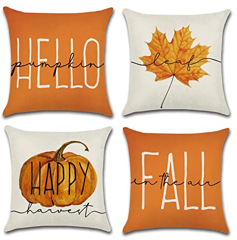 OCEUMACO Leinen Kissenbezug 40x40 Herbst Kissenhülle 4er Set Quadratisch Sofakissen Dekokissen Bezug für Couch Ahornblatt Kürbis Kissen Kissenbezüge Outdoor Deko Zierkissen Couchkissen - Orange