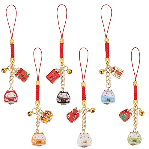 WEBEEDY 6 Stück Japanischer Maneki Neko Glückskatze Handyanhänger Katze Charme Maskottchen Anhänger Glücksanhänger Reichtum Gesundheit Glück Böses Vermeiden Hängende Ornamente Zurück zur Schule