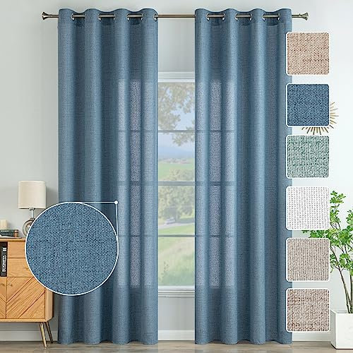 MIULEE Wohnzimmer Vorhänge Gardinen Leinen Ösenvorhang Leinenoptik Vorhang Boho Gardine mit Ösen Semi-transparent Leinenvorhang Curtains 2er Set HxB 215x140 cm，Blau