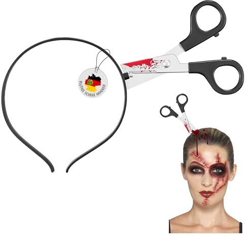Balinco Halloween Haarreif Blutige Schere, Realistischer Schere im Kopf Effekt, Horror Kopfschmuck für Zombie Kostüm, Krankenschwester, Karneval