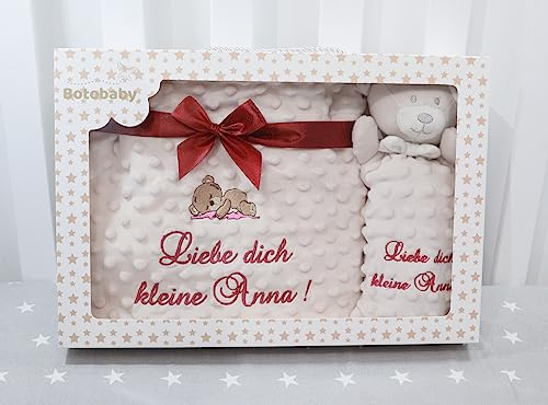 BotoBaby ★ GESCHENKSET Babydecke mit Namen und Datum Bestickt + Schmusetuch ★ Geschenk ★Geburt ★ Taufe ★ (Set 4)
