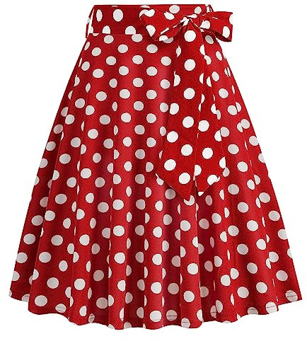 Rockabilly Rock Damen Vinatge 1950er Damenrock Sommer Knielang Retro Gepunktet Festliche Röck mit Gürtel Faltenrock Tellerrock Elastische Hohe Taille Swing Plissee A-Linie Glockenrock Rot XXL