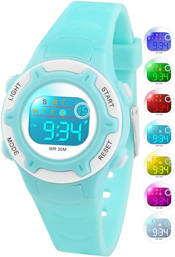 Edillas Kids Digital Watch for Girls Boys,7 Colors LED Flashing Water Resistant Wrist Watches,Child Sport Outdoor Multifunctional Watch with Stopwatch/Alarm for Ages 5-14 (BlueWhite)