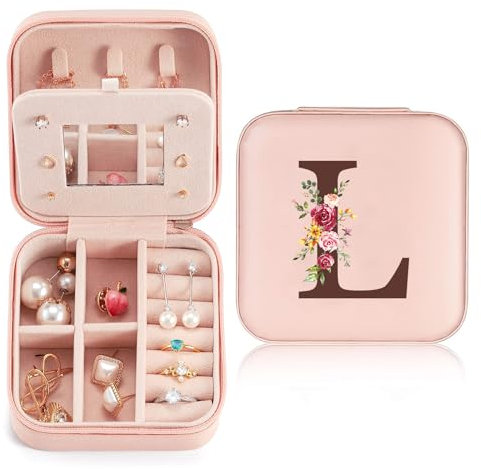 Schmuckkästchen Klein Reise für Damen Mädchen, Schmuckkasten mit initiale L, Mini Schmuckschatulle mit Spiegel für Ringe, Ohrringe, Halskette für Damen Geschenk für Geburtstag, Weihnachten, Muttertag