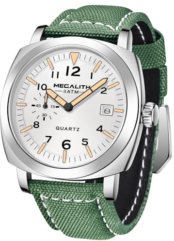 MEGALITH Herrenuhr Militär Sport Outdoor Wasserdicht mit Lederarmband - Großes Zifferblatt Leuchtender Kalender Datum Analoge Quarzuhr Männer Armbanduhr Design