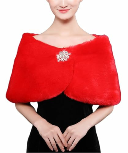 BESTORI Chal de Piel Sintética Invierno Estola de Pelo Mujer Bolero para Fiesta Novia Bodas Rojo 4