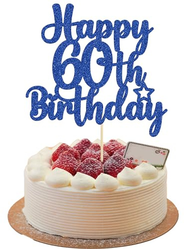 Gyufise Happy 60th Birthday Glitter Cake Topper & Cheers to Years Old Party Decorations Supplies in Blue - 1Pc
