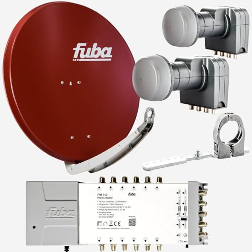 Fuba Sat Anlage 12 Teilnehmer - 2 Satelliten (z.B. Astra/Hotbird) | Satellitenschüssel Komplettset - DAA 850 R Sat-Schüssel 85cm Alu rot + 2X LNB + Multifeed + Multischalter 12 Teilnehmer