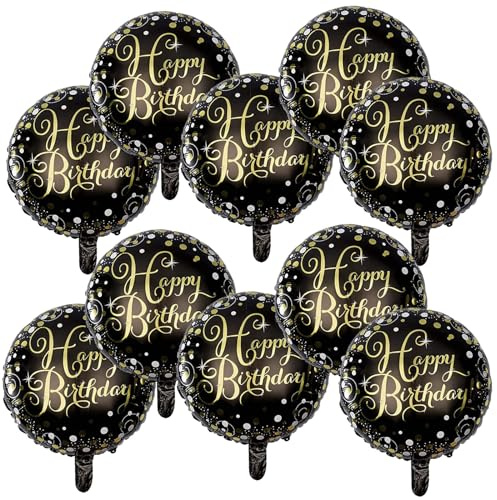 10 Pcs Happy Birthday Balloons, 18 Round Aluminum Foil Mylar Helium Balloon Inflatable Balloons for Birthday Party Decorations Supplies, Black Gold