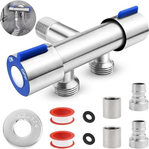 cersaty® 1 valvola angolare da 1/2 pollici, doppia valvola per dispositivi con 2 connettori per rubinetto, 2 raccordi per tubi e nastro adesivo per bagno, WC, lavandino