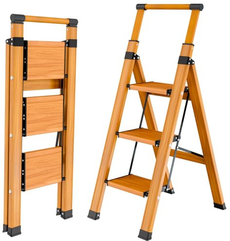 KULACO Scaletta a 3 gradini, pieghevole, antiscivolo, per uso domestico, multifunzione, con venature del legno, scala portatile, con corrimano allungabile, scala pieghevole in alluminio, portata 150