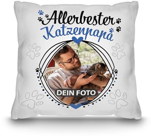 Print Royal PR Katzen-Kissen mit Foto Allerbester Katzenpapa - Geschenk für Katzenliebhaber zum Geburtstag | Personalisiertes Geschenk, inkl. Füllung, Weiß