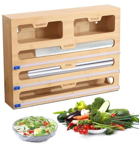 Cerkkapo 5 in1 Folienspender Holzspeicherbox Mit Cutter Folienschneider,Folienspender Mit Cutter,5 Steckplatz Folienspender, Abroller Aufbewahrungskiste Frischhaltefolienschneider für Küchenschublade