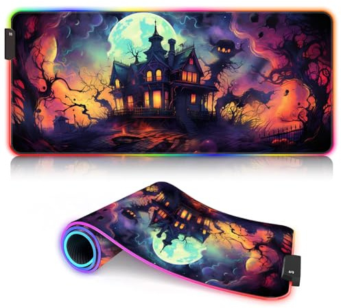 Mauspad Haunted House ROG XXL PC-Schreibtischzubehör – Erweitertes, extra großes LED-Mauspad (90 x 40 x 0,3) cm, wasserdichte Schreibtisch-Schreibunterlage für Tastatur und Maus