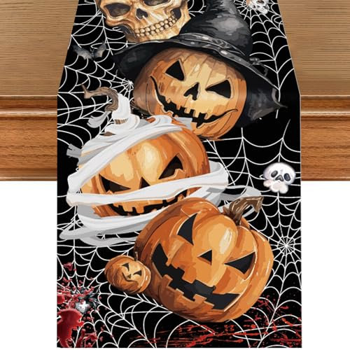 Halloween Table Runner,Black Pumpkin Skull Spider Web Table Runner Linen Creepy Scary Ghost Runner for Halloween Party Holiday Kitchen Dining Dinner Table Party Decoration Indoor Outdoor 14x72In