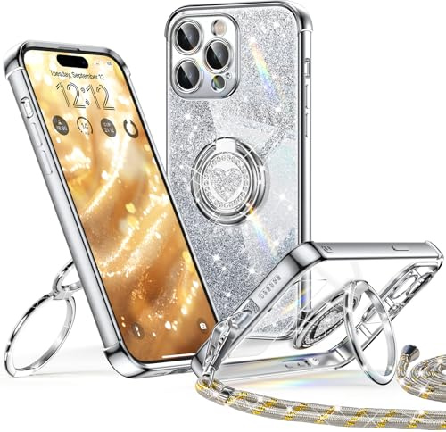 XYZ für iPhone 15 Pro Max Hülle mit Band, Herzen Doppelring Ständer Luxus Glitzer HandyHülle Kameraschutz, Frauen Stoßfest Elektroplattiert Soft TPU SchutzHülle Clear iPhone 15 Pro Max Case,Silber